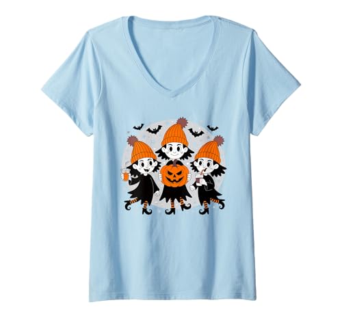 Damen Fall Witch Kaffee Kürbis Boo Niedlich Vintage Hexe Halloween T-Shirt mit V-Ausschnitt von Womens Witch Costume Spooky Halloween Witch