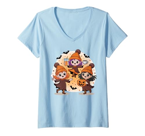 Damen Fall Witch Kaffee Kürbis Boo Niedlich Vintage Hexe Halloween T-Shirt mit V-Ausschnitt von Womens Witch Costume Spooky Halloween Witch