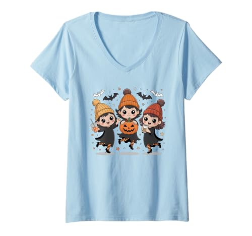 Damen Fall Witch Kaffee Kürbis Boo Niedlich Vintage Hexe Halloween T-Shirt mit V-Ausschnitt von Womens Witch Costume Spooky Halloween Witch