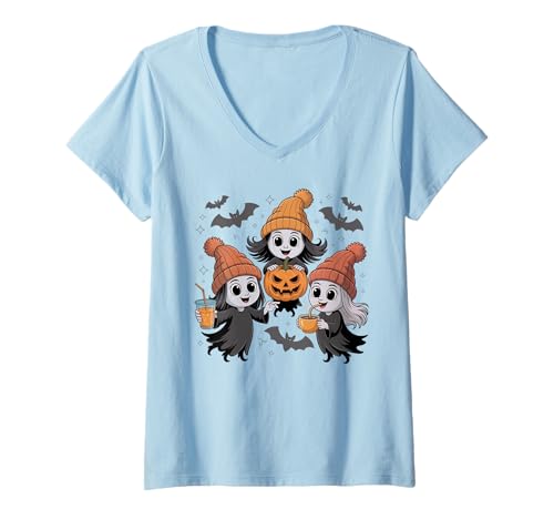 Damen Fall Witch Kaffee Kürbis Boo Niedlich Vintage Hexe Halloween T-Shirt mit V-Ausschnitt von Womens Witch Costume Spooky Halloween Witch