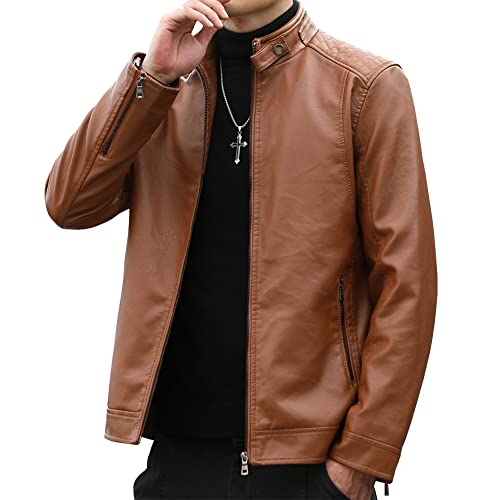 Womleys Herren Casual Stehkragen Kunstleder Jacke Biker Motorrad Jacken, Braun, M von Womleys