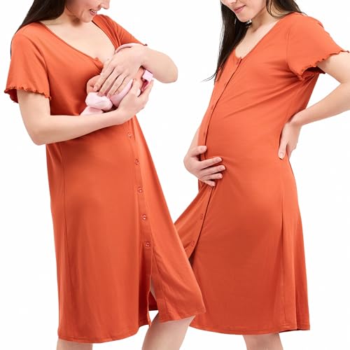 Stillnachthemd, Geburtskleid, geburtshemd, 3 in 1 Stillen, Krankenhaus und Schwangerschaft, Weich und Atmungsaktiv (XXXL, Orange) von Womum