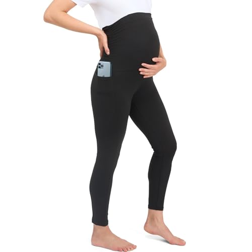 Womum Umstandsleggings für Schwangere, lang, mit Taschen, Taille mit Bauch- und Rückenstütze, weich und bequem, blickdicht, elastisch und strapazierfähig, für den täglichen Gebrauch, Schwarz , XXL von Womum