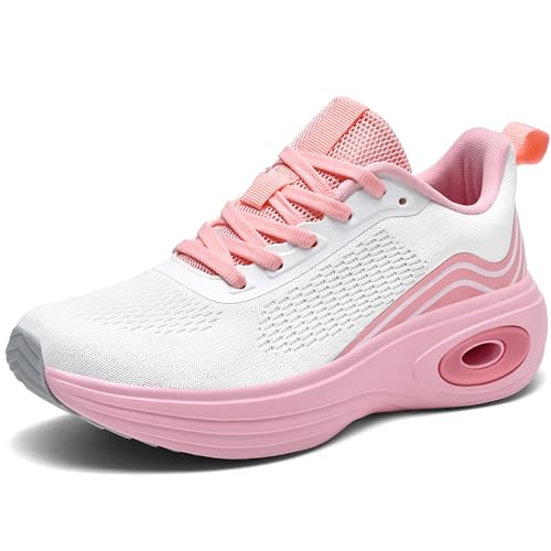 Wondamo Sneaker Damen Walkingschuhe Mesh Leichte Atmungsaktiv Outdoor Turnschuhe Sportschuhe Fitnessschuhe Laufschuhe mit Dämpfung,Rosa Weiß,40EU von Wondamo