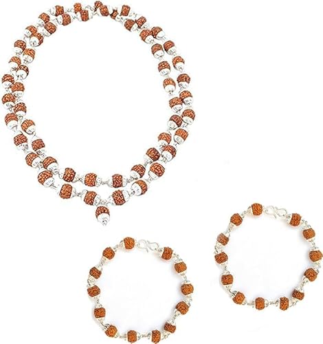 Wonder Care Rudraksha Natural 5 Face Silver Cap Mala mit Silver Capping Rudraksha Armband - Real Himalayan Rudraksh Seeds Religiöse buddhistische Ornament Rosenkranz Japa Mala Perlenkette von Wonder Care