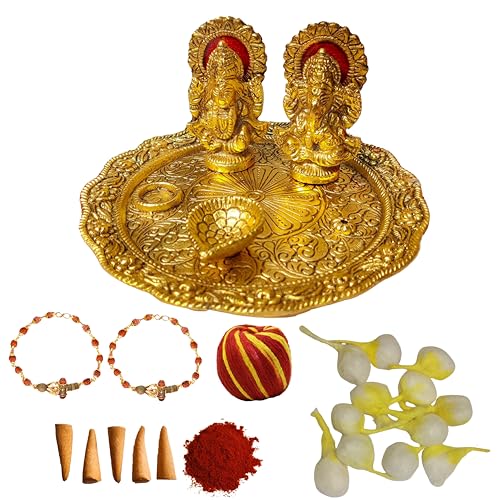 Wonder Care Wc_Raksha Bandhan Festliches Rakhi-Set – Kombination aus Rakhi für Brüder und Schwestern – 2 Stück Rudraksha Rakhi/Roli Chawal-Geschenkkorb/Goldener Puja-Teller/spezielle Grußkarte von Wonder Care