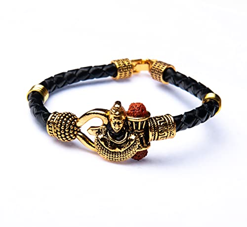 Wonder Care Rudraksha Shiv Om Trishul Damroo Kada, Lord Shiva Bahubali Armreif | Religiöses Messing Kada | Freie Größe Armband für Maha Shivratri (Shiv Murti_Leder)… von Wonder Care