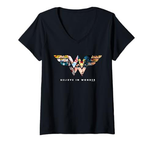 Damen Wonder Woman 80th Believe in Wonder WW Logo T-Shirt mit V-Ausschnitt von Wonder Woman