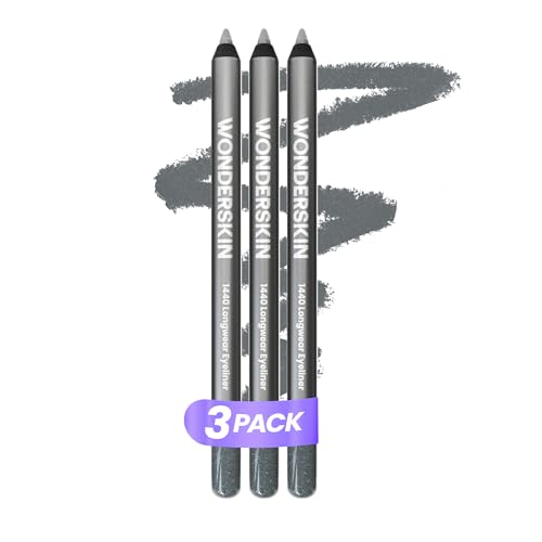 Wonderskin 1440 Longwear Blauer Glitzer Eyeliner-Stift, 3er-Pack – Wasserfester, anspitzbarer Kajalstift & wischfester blauer Kajalstift (Oyster Blue) von Wonderskin