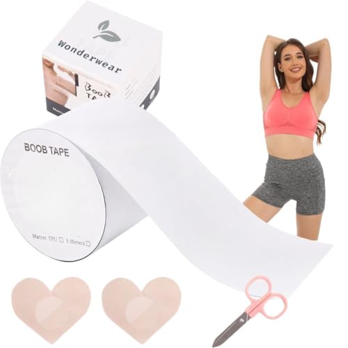 Wonderwear® Veganes Boob Tape aus Deutschland – Transparentes Brust Tape (5cmx5m) – Selbstklebend & Hautfreundlich – Unsichtbarer Halt Klebe Push Up BH – Ink. Schere & 4 Nippelpads von Wonderwear