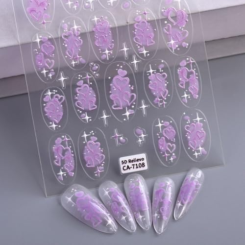 Wonhomke 2pcs 5D Relief 3D Traumherz Nail Art Decals Self-Adhesive Nail Art Stickers Nail Decoration Accessories für Mädchen/Kinder/Frauen (7108) von Wonhomke