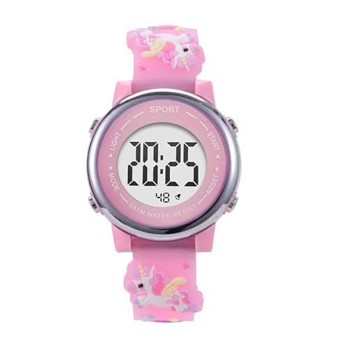 Wonvify Digitale Kinderuhr, pädagogisch, Silikon-Armbanduhr mit 3D-Cartoon, LED-Blinklicht in 7 Farben, multifunktionale Armbanduhr für Mädchen von 3 bis 12 Jahren, Rose, Band von Wonvify