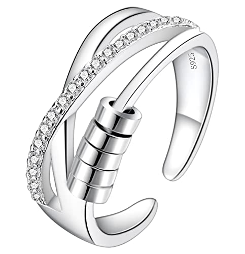 925 Sterling Silber Angst Ring Einstellbare Fidget Ringe für Frauen Männer Angst Spinning Bead Stapeln Spinner Band Ring (R5) von Wonvin Collection