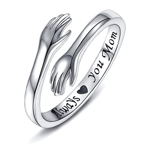 925 Sterling Silber Umarmungsringe für Frauen, I Love You Forever Love You Mutter Geschenk Schwester Geschenke Gravierte Worte Umarmung Hände Offener Ring (Always love you mom) von Wonvin Collection