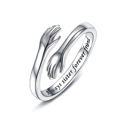 925 Sterling Silber Umarmungsringe für Frauen, I Love You Forever Love You Mutter Geschenk Schwester Geschenke Gravierte Worte Umarmung Hände Offener Ring (Always sister forever friend) von Wonvin Collection