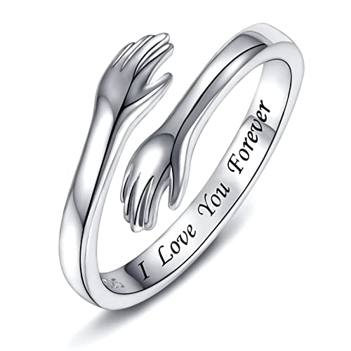 925 Sterling Silber Umarmungsringe für Frauen, I Love You Forever Love You Mutter Geschenk Schwester Geschenke Gravierte Worte Umarmung Hände Offener Ring (I love you forever) von Wonvin Collection