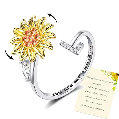 Frauen Sonnenblume Initial Brief Spinner Ring Offen Einstellbarer Ring CZ Ringe Daisy Stress Entlastung Ring Schmuck Geschenk für Frauen Mädchen von Wonvin Collection