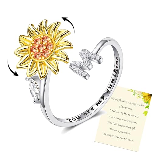 Frauen Sonnenblume Initial Brief Spinner Ring Offen Einstellbarer Ring CZ Ringe Daisy Stress Entlastung Ring Schmuck Geschenk für Frauen Mädchen von Wonvin Collection