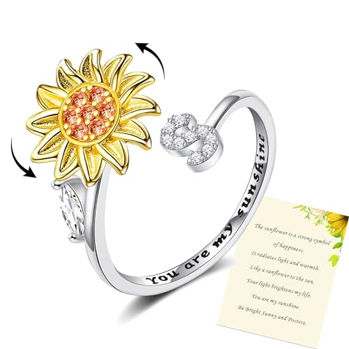 Frauen Sonnenblume Initial Brief Spinner Ring Offen Einstellbarer Ring CZ Ringe Daisy Stress Entlastung Ring Schmuck Geschenk für Frauen Mädchen von Wonvin Collection