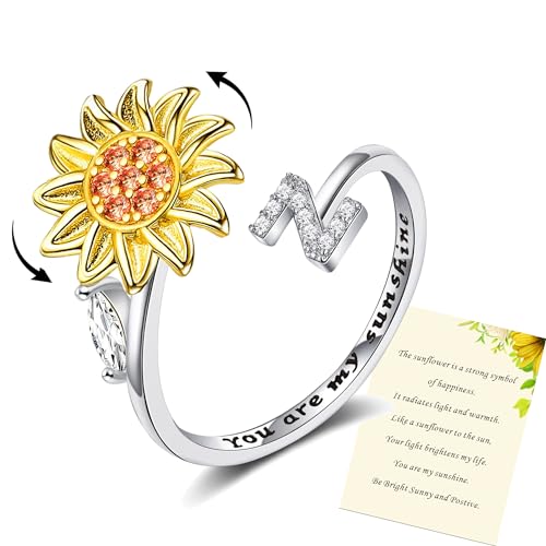 Frauen Sonnenblume Initial Brief Spinner Ring Offen Einstellbarer Ring CZ Ringe Daisy Stress Entlastung Ring Schmuck Geschenk für Frauen Mädchen von Wonvin Collection