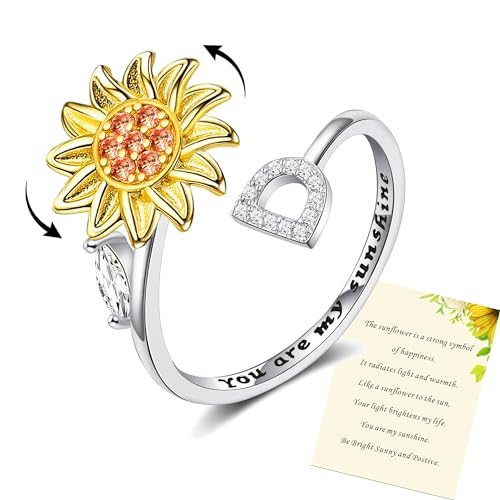 Frauen Sonnenblume Initial Brief Spinner Ring Offen Einstellbarer Ring CZ Ringe Daisy Stress Entlastung Ring Schmuck Geschenk für Frauen Mädchen von Wonvin Collection