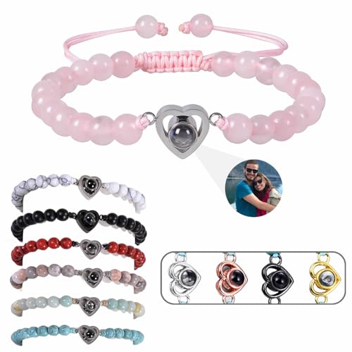 Personalisierte Projektion Armband mit Foto individuelles Bild und verschiedene in Stein Geschenke für Mama Papa Freund Freundin Männer Frauen Paare (Perlen Herz) von Wonvin Collection