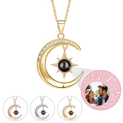 Wonvin Collection Personalisierte Halskette mit Bild Projektion Kette Foto verschiedene Ich liebe dich 100 Sprachen Anhänger Customisable Individuelle Muttertag liebevolles Geschenk (Sonne Mond) von Wonvin Collection