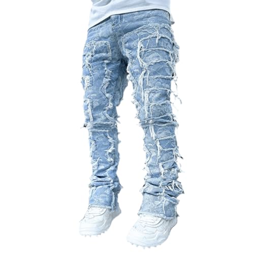 Jeans für Herren Stretch Fit Skinny Stacked Ripped Destroyed Jeans Slim Fit Patch Y2K Denim Pants Slim Fit Hose Streetwear, Blumendruck, Mittel von Wonyier