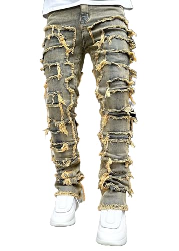 Jeans für Herren Stretch Fit Skinny Stacked Ripped Destroyed Jeans Slim Fit Patch Y2K Denim Pants Slim Fit Hose Streetwear, Retro Blau, Mittel von Wonyier