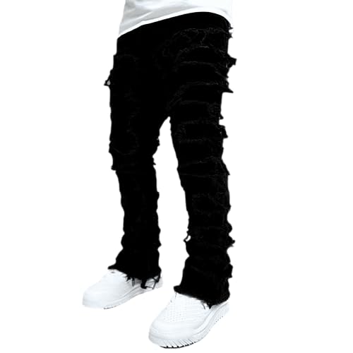 Jeans für Herren Stretch Fit Skinny Stacked Ripped Destroyed Jeans Slim Fit Patch Y2K Denim Pants Slim Fit Hose Streetwear, Schwarz, X-Groß von Wonyier