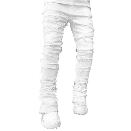 Jeans für Herren Stretch Fit Skinny Stacked Ripped Destroyed Jeans Slim Fit Patch Y2K Denim Pants Slim Fit Hose Streetwear, Weiss/opulenter Garten, Groß von Wonyier