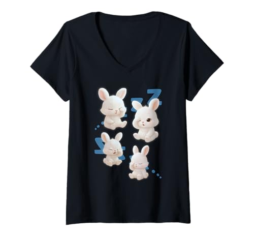 Damen Sleepy Bonnie Ready to Sleep, niedliches Flauschiges Häschen-Design T-Shirt mit V-Ausschnitt Damen Sleepy Bonnie Ready to Sleep, niedliches Flauschiges Häschen-Design T-Shirt mit V-Ausschnitt von Woo Woo's Songs: Bonnie