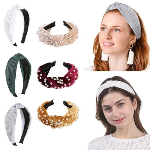 Breite Haarband,6 Stück Samt Perlen Stirnband Vintage Verdrehte Kopfbedeckung Für Mädchen Damen Haarschmuck Twist Knoten Elastische Headbands Vintage Frauen Gestrickte Verdrehte Weiche Haarreif von Wooauto