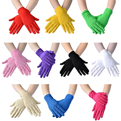 Wooauto 10 Paar Kurze Satin Handschuhe Damen Handgelenk Handschuhe Abendhandschuhe Elegante Retro Party Kostüm Handschuhe für Hochzeiten Maskenbälle Opernaufführungen 20er Jahre Kostüm Accessoire von Wooauto