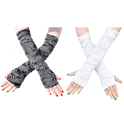 Wooauto 2Paar Punk Spinnennetz Spitzen Fingerlose Handschuhe Halloween Lange Handschuhe Cosplay Manschette Anti UV Punkhandschuhe Kostümzubehör für Outdoor Sport Laufen Klettern Radfahren,Schwarz+Weiß von Wooauto