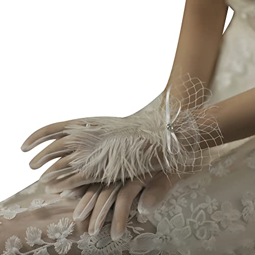 Wooauto Damen Spitze Elegante Kurze Handschuhe Federschmuck Hochzeit Brauthandschuh Tüll Handschuhe Bloße Hochzeit Braut Handschuhe Ellenbogen Lange Opern Party Handschuhe,1Paar,Weiß von Wooauto