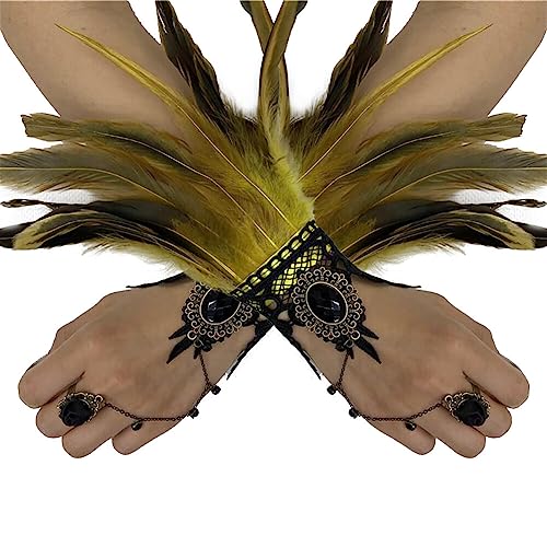 Wooauto Feder Handgelenk Manschetten, 2pcs Frauen Kostümzubehör Armbänder Feder Handgelenk Band Vintage Feder Handgelenk Ornament Armband Accessoire Band für Bühne Leistung Cosplay Party,Gelb von Wooauto