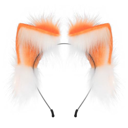 Wooauto Fuchs Ohren Stirnband Haarschmuck Katzenohren Plüsch Niedliche Katze Ohren Haarband Große Tier Ohr Haarreif Kopfbedeckung Damen Kinder Plüsch Wolf Fuchs Ohren Cosplay Kopf Zubehör,orange von Wooauto