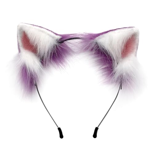 Wooauto Katze Fuchs Wolf Ohren,Kunstpelz Wolf Ohren Stirnband Headband Katzenohren Kopfbedeckung Tier Anime Kostüm Party Cosplay Kostüm Kopfschmuck für Erwachsene Kinder Hellbraun,Lila weiß von Wooauto