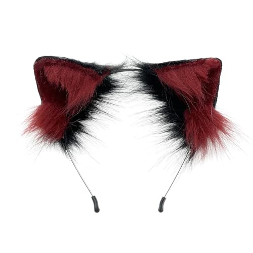 Wooauto Katze Fuchs Wolf Ohren,Kunstpelz Wolf Ohren Stirnband Headband Katzenohren Kopfbedeckung Tier Anime Kostüm Party Cosplay Kostüm Kopfschmuck für Erwachsene Kinder Hellbraun,Rot von Wooauto