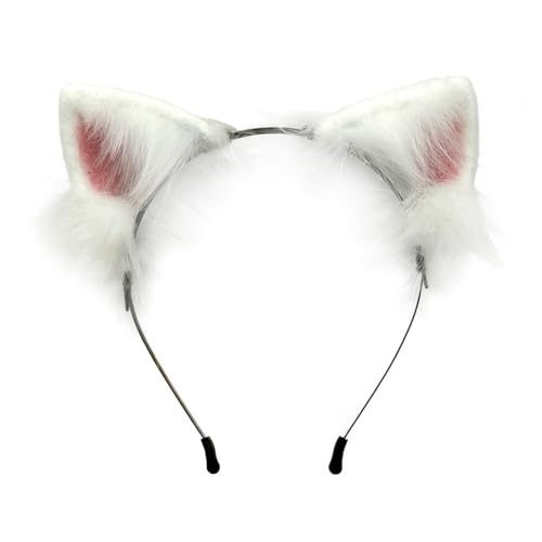 Wooauto Katze Fuchs Wolf Ohren,Kunstpelz Wolf Ohren Stirnband Headband Katzenohren Kopfbedeckung Tier Anime Kostüm Party Cosplay Kostüm Kopfschmuck für Erwachsene Kinder Hellbraun,Weiß von Wooauto