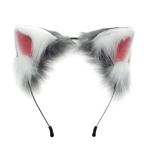 Wooauto Katze Fuchs Wolf Ohren,Kunstpelz Wolf Ohren Stirnband Headband Katzenohren Kopfbedeckung Tier Anime Kostüm Party Cosplay Kostüm Kopfschmuck für Erwachsene Kinder Hellbraun,cremefarben von Wooauto