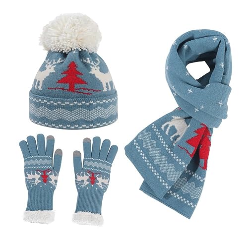 Wooauto Strickmütze Wintermütze Schal Set,Winter Warm Mütze Lange Schal Und Touchscreen Handschuhe Set Elch Winter Strickmütze Schal Handschuhe Set Damen Weihnachten Geschenk Winter Zubehör,Blau von Wooauto