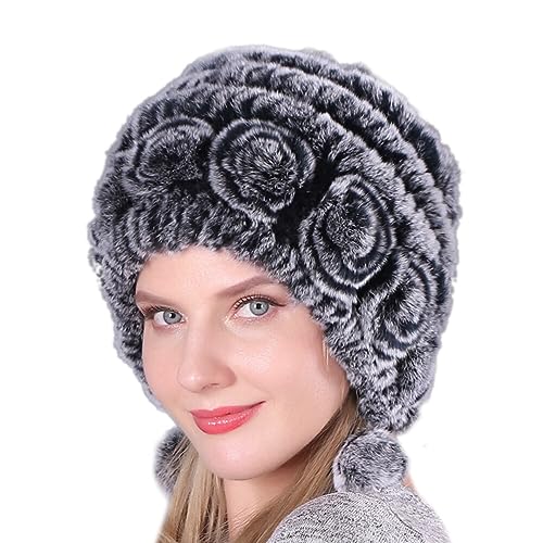 Wooauto Wintermütze Mit Pompons,Damen Rex Kaninchen Mütze Damen Rex Kaninchen Pelzmütze Damen Gestreifte Pelzmütze Faux Kaninchenfell Frauen Winter Mütze Kunstpelz Stricken Mütze Winter Elastisch Hut von Wooauto