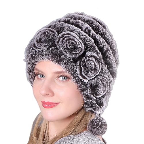 Wooauto Wintermütze Mit Pompons,Damen Rex Kaninchen Mütze Damen Rex Kaninchen Pelzmütze Damen Gestreifte Pelzmütze Faux Kaninchenfell Frauen Winter Mütze Kunstpelz Stricken Mütze Winter Elastisch Hut von Wooauto