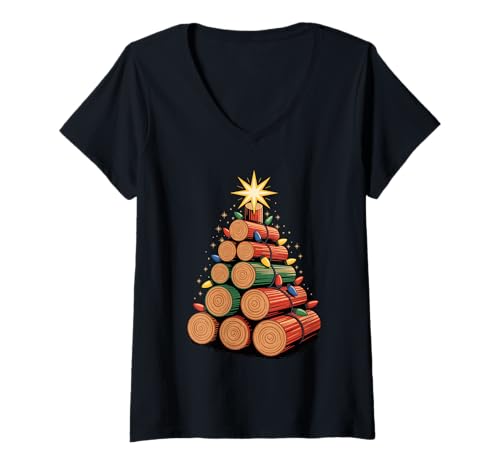 Damen Christmas Tree Kettensäge Holzfäller Holzarbeiter Schreiner T-Shirt mit V-Ausschnitt von Wood Logging Gift For A Logger