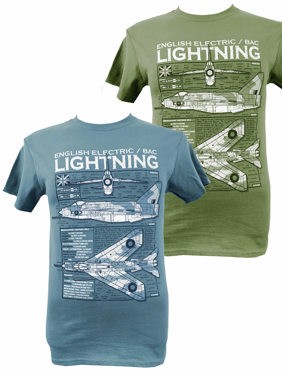 Bacs English Electric Lightning Raf Royal Saudi Air Kraft Mach 2 Abfangjäger Flugzeug Grün Oder Blau Blueprint T-Shirt Design von WoodenModelCompany