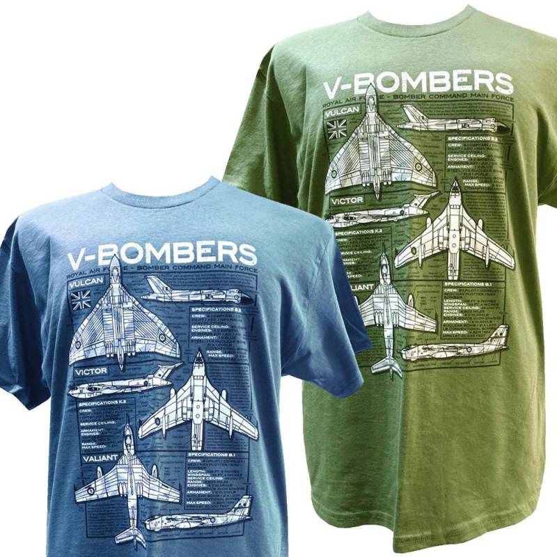 V Bombers Raf High Altitémental Bombers Handley Seite Victor Vickers Valiant Und Avro Vulcan Flugzeuge Grün Oder Blau Blueprint T-Shirt von WoodenModelCompany