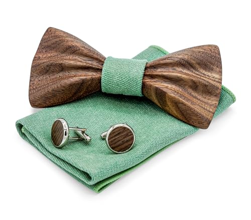 Holzfliegenset Kernholz aus Walnussholz Holzfliege-Manschettenknöpfe-Einstecktuch-Geschenkbox für Herren (Mint) von Woodenlove