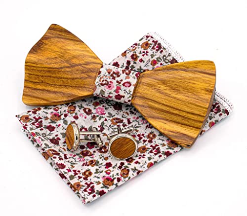 Woodenlove Holzfliegenset aus Zebraholz Butterfly - Holzfliege, Manschettenknöpfe, Einstecktuch und Geschenkbox für Herren (Geblümt) von Woodenlove